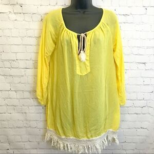 The House of Woo yellow boho tassel tunic top Size small 
